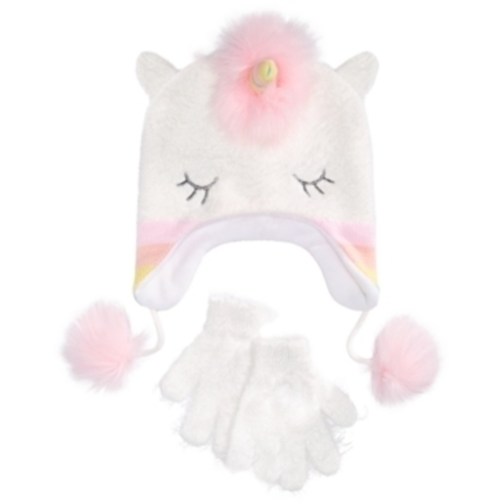 Big Girls' White Unicorn Hat & Gloves Set, One Size